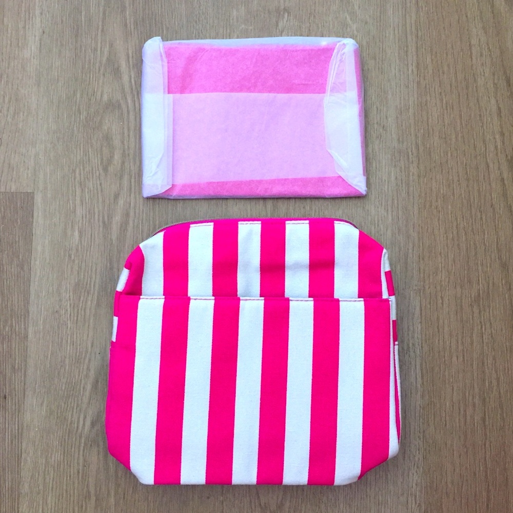 NWT Lancôme Pink Striped makeup Bag+ Zip pouch Set